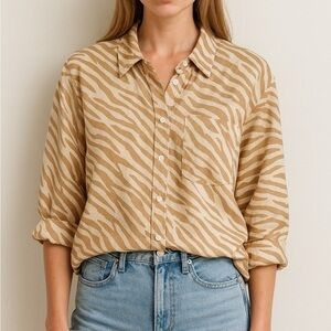 Araminta James Linen Tan Brown Animal Print Oversized Button Down Shirt